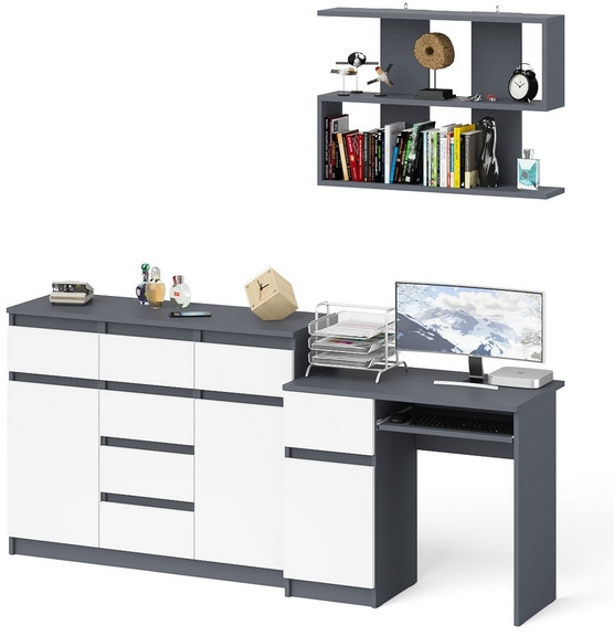 Мори компьютерный стол МС-1 левый + Комод МК1200.4 + Полка 900, графит/белый