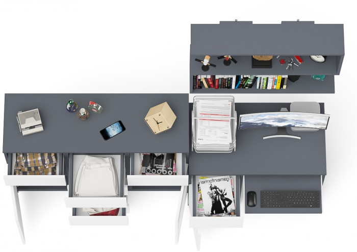 Мори компьютерный стол МС-1 левый + Комод МК1200.4 + Полка 900, графит/белый