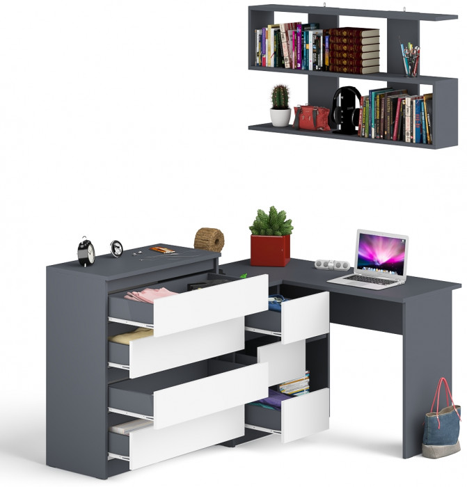 Мори компьютерный стол МС-16 левый + Комод МК800.4 + Полка 1200, графит/белый