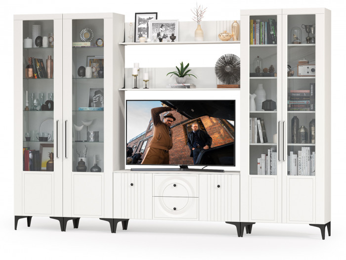 Валенсия Гостиная № 069, цвет ЛДСП белый шагрень/МДФ белый шагрень, ШхГхВ 327,2х38,3х225,2 см., ниша для ТВ 133х38х117 см., универсальная сборка