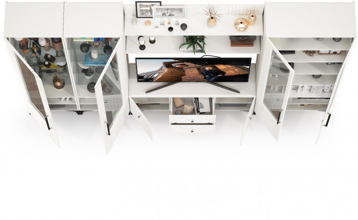 Валенсия Гостиная № 069, цвет ЛДСП белый шагрень/МДФ белый шагрень, ШхГхВ 327,2х38,3х225,2 см., ниша для ТВ 133х38х117 см., универсальная сборка