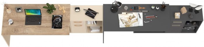 Два Стола письменных Лайт 03.245, цвет сатин/дуб эндгрейн элегантный/тёмно-серый, ШхГхВ 342,9х136х75,2 см.(угл.) или 407,2х68х75,2 см.(пр.), ун. сб.