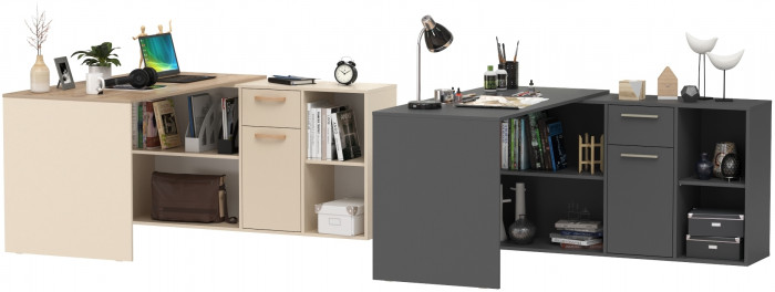 Два Стола письменных Лайт 03.245, цвет сатин/дуб эндгрейн элегантный/тёмно-серый, ШхГхВ 342,9х136х75,2 см.(угл.) или 407,2х68х75,2 см.(пр.), ун. сб.