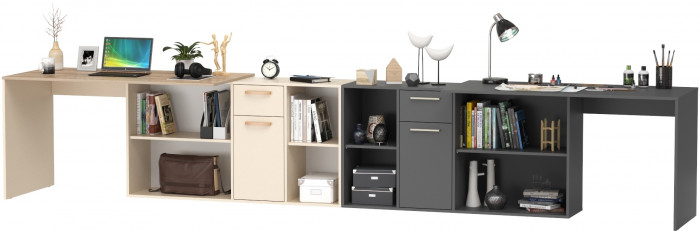 Два Стола письменных Лайт 03.245, цвет сатин/дуб эндгрейн элегантный/тёмно-серый, ШхГхВ 342,9х136х75,2 см.(угл.) или 407,2х68х75,2 см.(пр.), ун. сб.