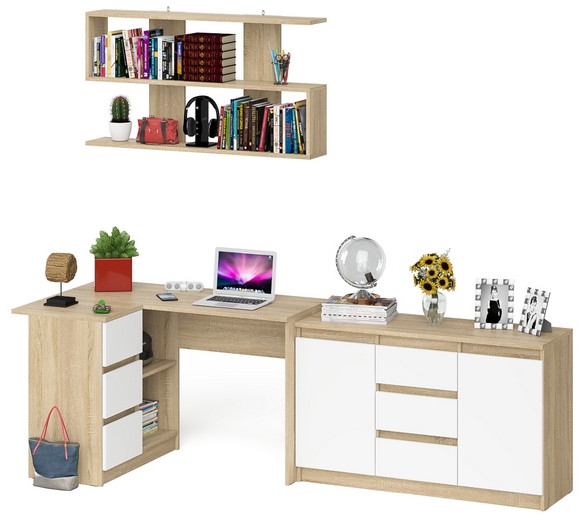 Мори компьютерный стол МС-16 левый + Комод МК1200.3 + Полка 1200, дуб сонома/белый