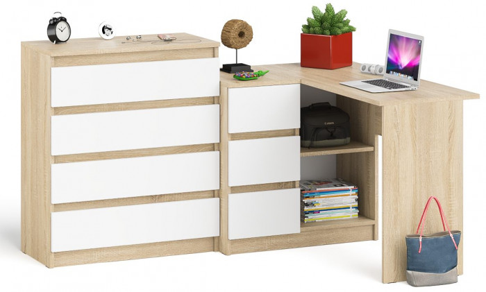 Мори Стол компьютерный МС-16 левый + Комод МК800.4, цвет дуб сонома/белый, ШхГхВ 204,8х84,9х94 см., выдвижные ящики слев, НЕ универсальная сборкаа