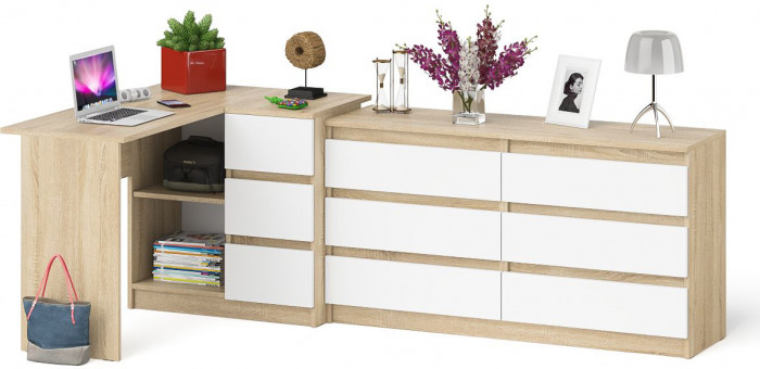 Мори Стол компьютерный МС-16 правый + Комод МК1380.6, цвет дуб сонома/белый, ШхГхВ 262,4х84,9х76,6 см., выдвижные ящики справа, НЕ универс. сборка
