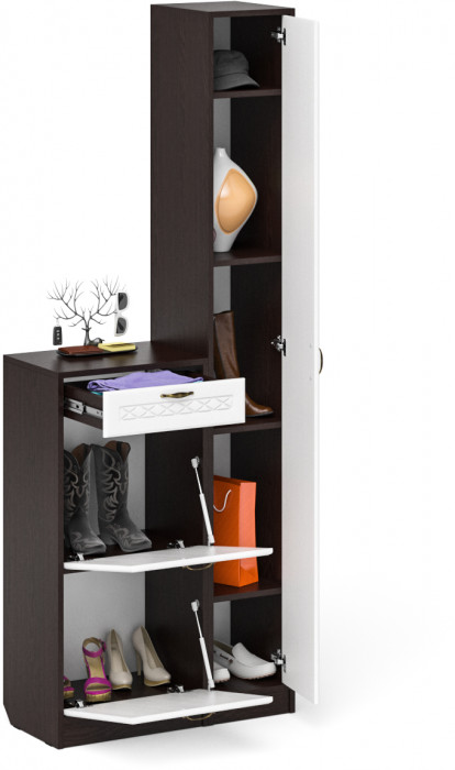 Прихожая П-6 Компоновка № 22, цвет венге/фасады МДФ белое дерево фрезеровка ромб, ШхГхВ 80х35х210 см., универсальная сборка
