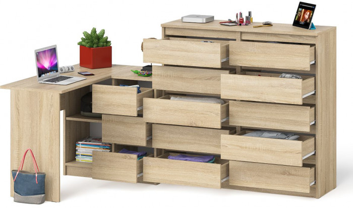 Мори компьютерный стол МС-16 правый + Комод МК1200.10, дуб сонома