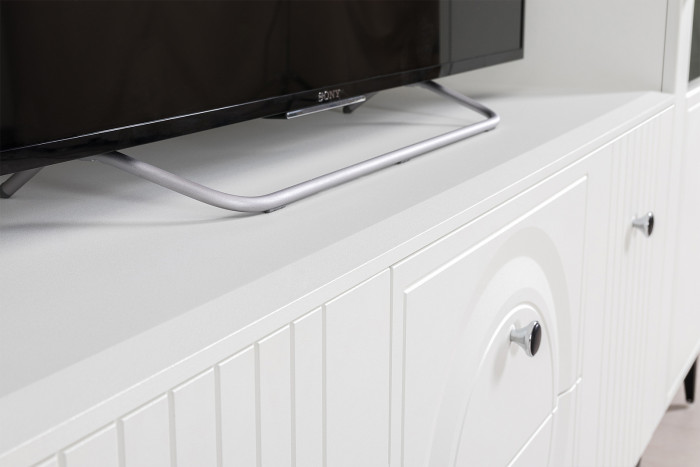 Валенсия Гостиная № 070, цвет ЛДСП белый шагрень/МДФ белый шагрень, ШхГхВ 327,2х38,3х225,2 см., ниша для ТВ 133х38х117 см., универсальная сборка