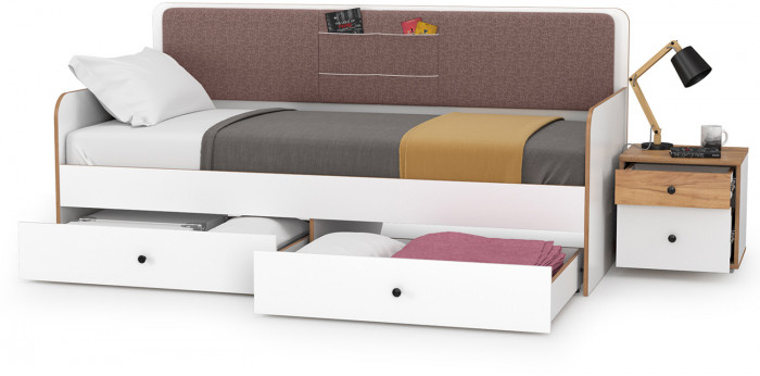 Вуди 11.02 Кровать + Тумба 13.287, цвет белый премиум/дуб крафт золотой/саванна латте, ШхГхВ 254,2х94,4х96,5 см, 900х2000 мм, б/м, осн. есть