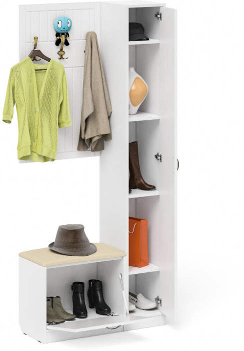 Прихожая П-6 Компоновка № 21, белая шагрень/фасады МДФ белое дерево фрезеровка прованс