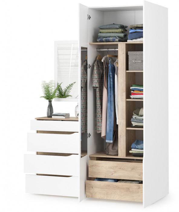 Муссон 13.198 Шкаф двухстворчатый + 13.97 Комод + Зеркало СВК, цвет белый/дуб эндгрейн элегантный, ШхГхВ 164,6х52,3х229,8 см., НЕ универсальная сборка