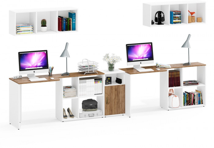 Лидер-8 Стол + Полка + Стол + Полка + Тумба МД 3.19, белый шагрень/крафт золото