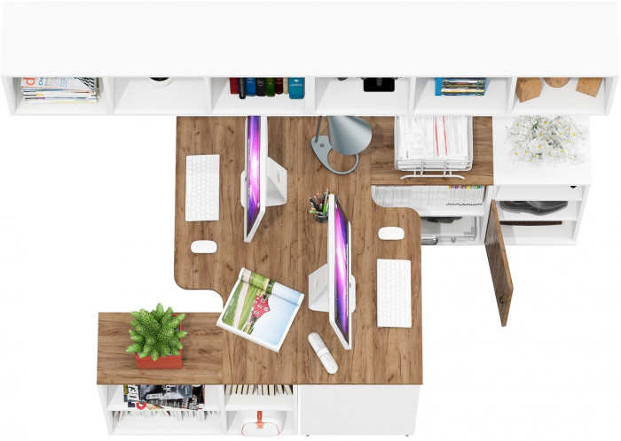 Лидер-8 Стол + Полка + Стол + Полка + Тумба МД 3.19, белый шагрень/крафт золото