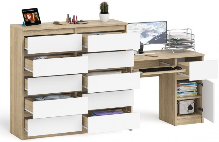 Мори компьютерный стол МС-1 правый + Комод МК1200.10, дуб сонома/белый