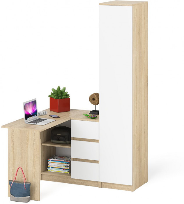 Мори компьютерный стол МС-16 правый + Пенал МШ400.1, дуб сонома/белый