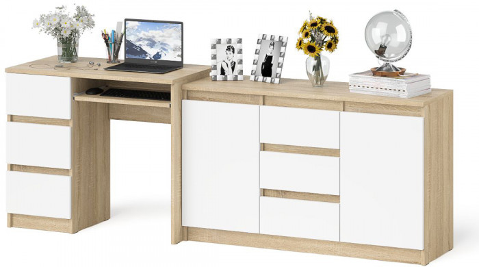 Мори компьютерный стол МС-6 левый + Комод МК1200.3, дуб сонома/белый