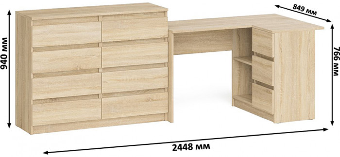 Мори Стол компьютерный МС-16 правый + Комод МК1200.8, цвет дуб сонома, ШхГхВ 244,8х84,9х94 см., выдвижные ящики справа, НЕ универсальная сборка