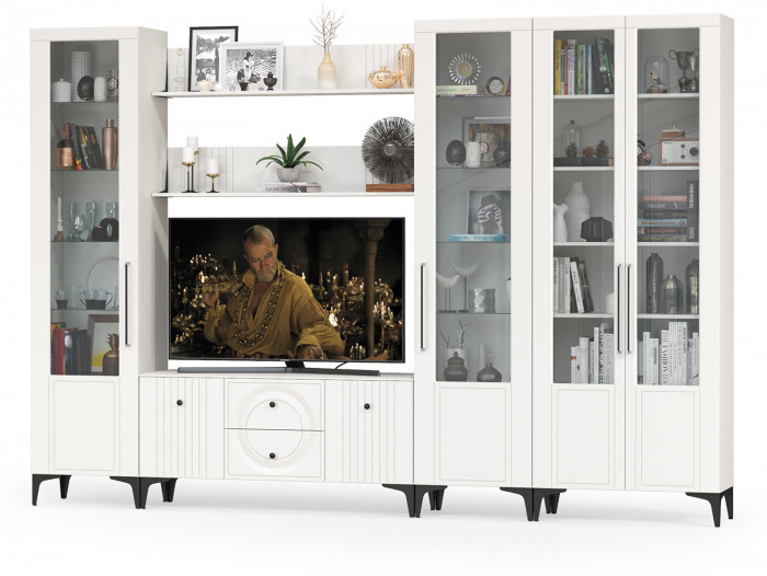 Валенсия Гостиная № 071, цвет ЛДСП белый шагрень/МДФ белый шагрень, ШхГхВ 327,2х38,3х225,2 см., ниша для ТВ 133х38х117 см., универсальная сборка