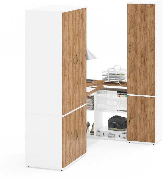 Лидер-8 Шкаф МД 19Б + Стол + Пенал 22Б, белый шагрень/крафт золото