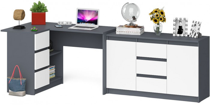 Мори компьютерный стол МС-16 левый + Комод МК1200.3, графит/белый