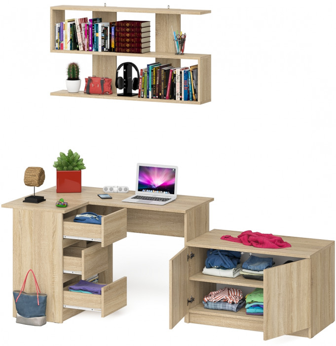 Мори компьютерный стол МС-16 левый + Тумба МА900.1 + Полка 1200, дуб сонома