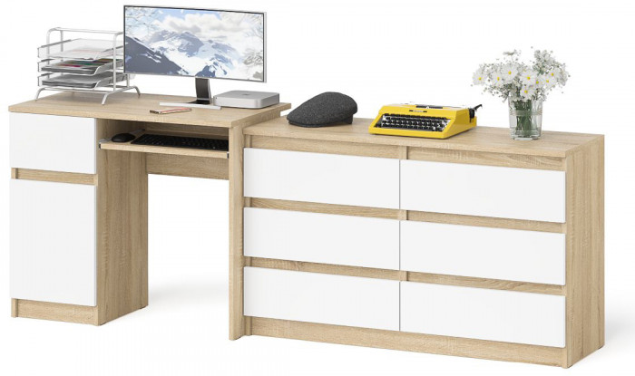 Мори Стол компьютерный МС-1 левый + Комод МК1200.6, цвет дуб сонома/белый, ШхГхВ 210,4х50х76,6 см., выдвижной ящик слева, НЕ универсальная сборка