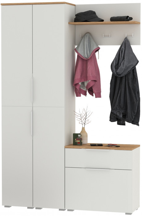 Октава Прихожая 18, цвет белый шагрень/дуб крафт золотой/фасады МДФ белый шагрень, ШхГхВ 129,3х35,4х197,6 см., универсальная сборка