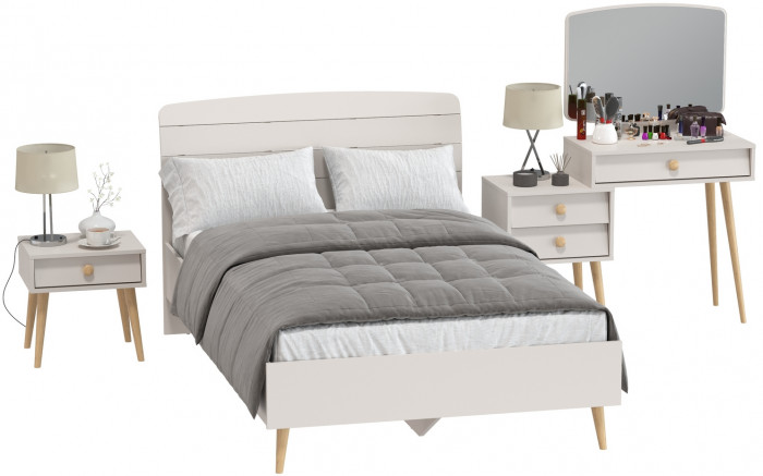 Афина Спальня Кровать 1200 + Трюмо + Тумба, цвет кашемир серый, ШхГхВ 123,6х210,2х95,7 + 105х38,6х129 + 45х37х45 см., 1200х2000 мм., б/м, осн. есть