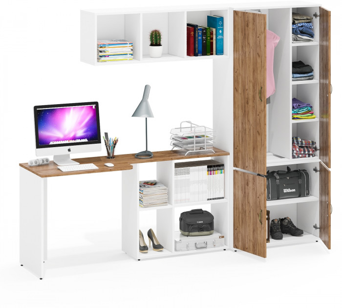 Лидер-8 Стол + Полка + Шкаф МД 20Б, цвет белый шагрень/крафт золото, ШхГхВ 245х50/37,5х75/190 или 115х160/50х75/190 см., НЕ универсальная сборка