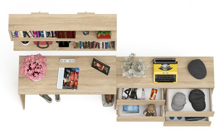 Мори письменный стол МСП1200.1 + Комод МК1200.6 + Полка 1200, дуб сонома