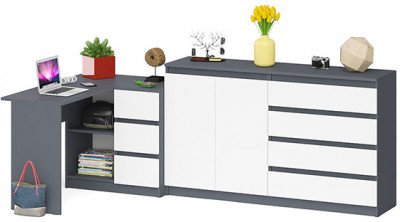 Мори Стол компьютерный МС-16 правый + Комод МК1600.1, цвет графит/белый, ШхГхВ 284,8х84,9х94 см., выдвижные ящики справа, НЕ универсальная сборка