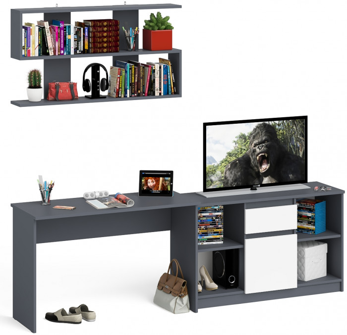 Мори Стол письменный МСП1200.1 + Тумба МТВ1204.1 + Полка 1200, цвет графит/белый, ШхГхВ 240,8х50х209,6 см., универсальная сборка