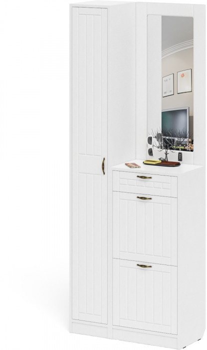 Прихожая П-6 Компоновка № 23, цвет белая шагрень/фасады МДФ белое дерево фрезеровка прованс, ШхГхВ 80х35х210 см., универсальная сборка