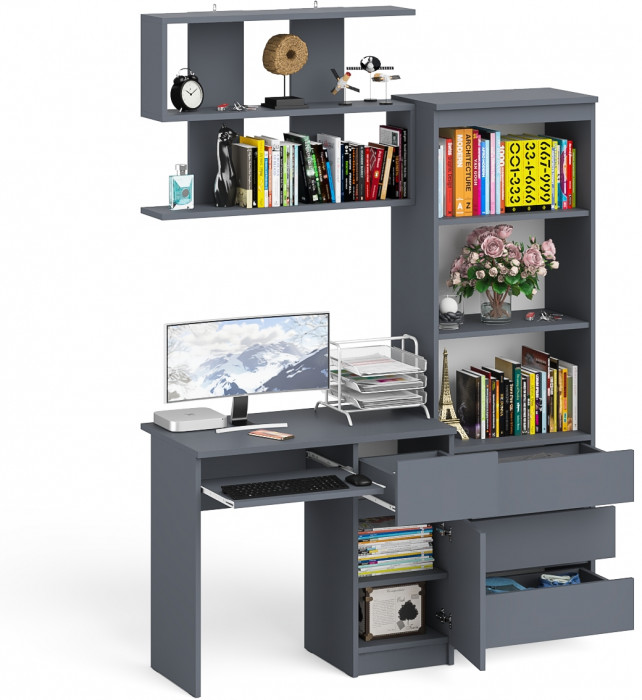 Мори компьютерный стол МС-1 правый + Стеллаж МСТ600.3 + Полка 900, графит