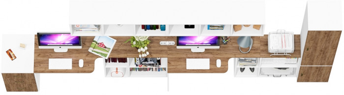 Лидер-8 Стол + Полка + Стол + Полка + Пенал МД 21Б + Тумба МД 3.16, цвет белый шагрень/крафт золото, 410х50/37,5х75/190 или 270х120/50х75/, НЕ ун. сб.