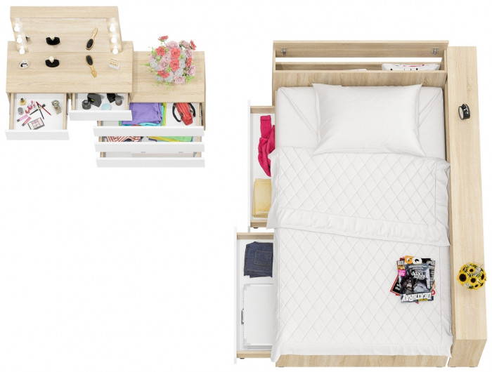 Ксения Кровать с ящиками 1200 + прикроватный блок + Столик с подсветкой 110, дуб сонома/белый