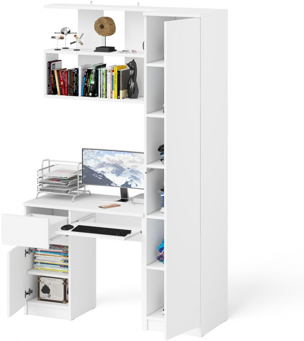 Мори компьютерный стол МС-1 левый + Пенал МШ400.1 + Полка 900, белый