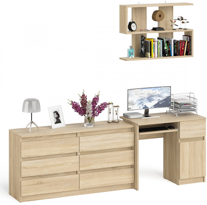 Мори Стол компьютерный МС-1 правый + Комод МК1380.6 + Полка 900, цвет дуб сонома, ШхГхВ 228х50х209,6 см., НЕ универсальная сборка