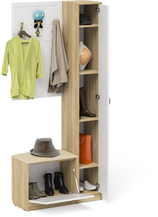 Прихожая П-6 Компоновка № 21, дуб сонома/фасады МДФ белое дерево фрезеровка прованс