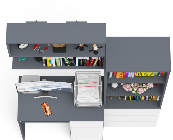 Мори компьютерный стол МС-1 правый + Стеллаж МСТ600.3 + Полка 900, графит/белый