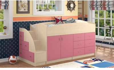 Кровать-чердак Дюймовочка-4, Дуб молочный / Розовый