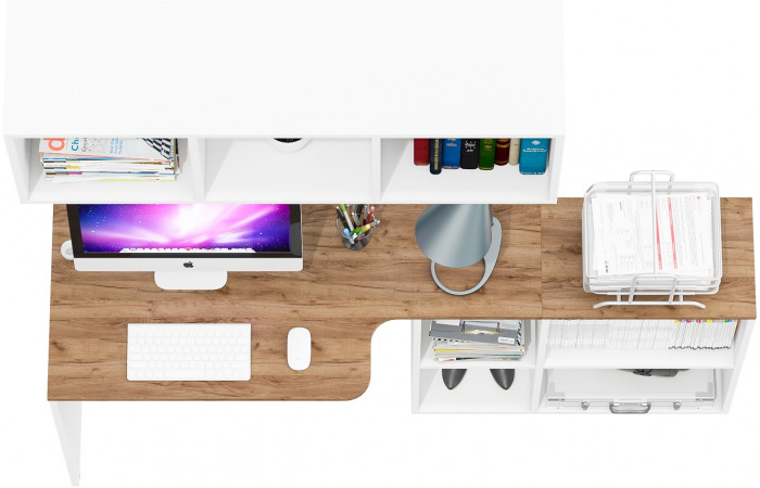 Лидер-8 Стол + Полка, цвет белый шагрень/крафт золото, ШхГхВ 165х50/30х190 см. или 115х50/80х190 см., НЕ универсальная сборка