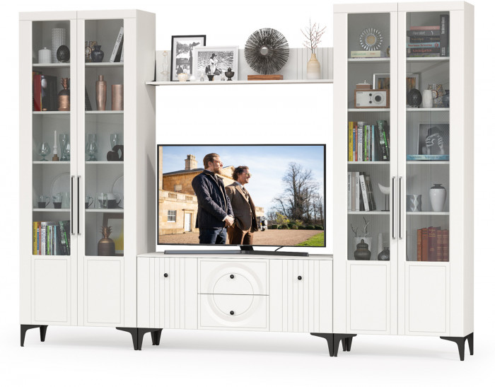 Валенсия Гостиная № 074, цвет ЛДСП белый шагрень/МДФ белый шагрень, ШхГхВ 301,3х38,3х225,2 см., универсальная сборка