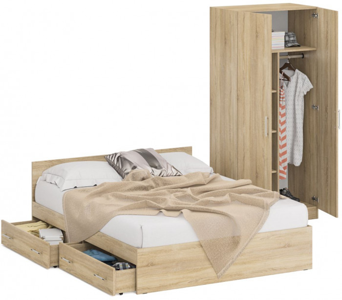 Кровать с ящиками 1600 + Шкаф 2-х створчатый Стандарт, цвет дуб сонома, ШхГхВ 163,5х203,5х70 + 90х52х200 см., сп.м. 1600х2000 мм., б/м, основание есть