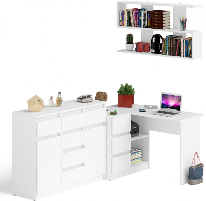 Мори компьютерный стол МС-16 левый + Комод МК1200.4 + Полка 1200, белый