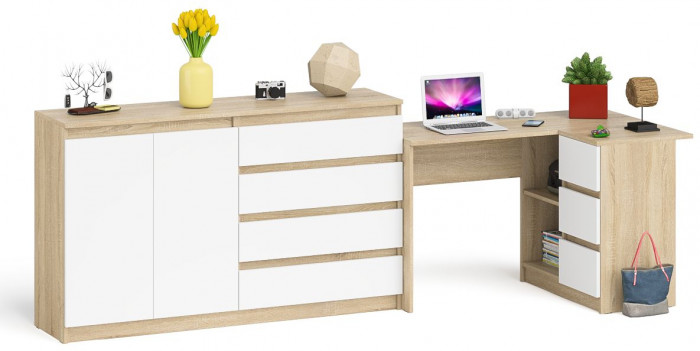 Мори Стол компьютерный МС-16 правый + Комод МК1600.1, цвет дуб сонома/белый, ШхГхВ 284,8х84,9х94 см., выдвижные ящики справа, НЕ универс. сборка