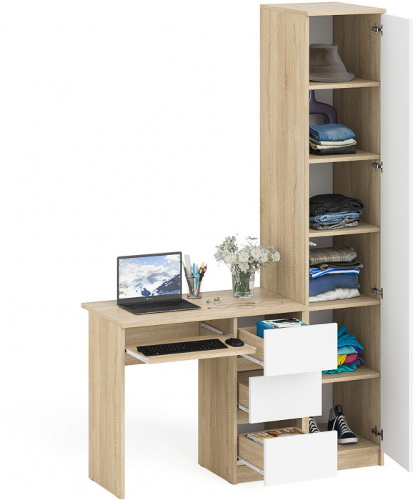 Мори Стол компьютерный МС-6 правый + Пенал МШ400.1, цвет дуб сонома/белый, ШхГхВ 130,4х50,4х209,6 см., выдвижные ящики справа, НЕ универсальная сборка