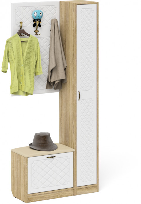 Прихожая П-6 Компоновка № 21, дуб сонома/фасады МДФ белое дерево фрезеровка ромб